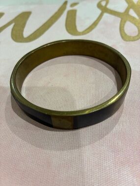 Elegant Black Enamel and Brass Formed Hammered Bangle Bracelet